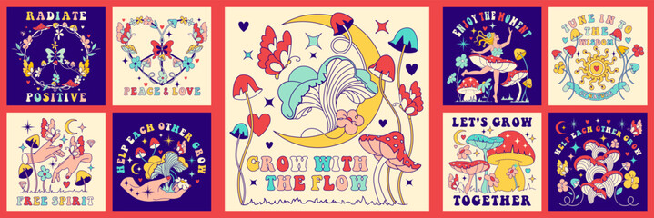 Poster, print with inspiration groovy slogans: Grow with the flow, radiate positive, help each other grow.Vintage floral tricky square stickers with witchy hippy mushrooms.Retro hippie, 60's-70's set