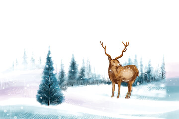 New year and christmas tree winter landscape background with reindeer