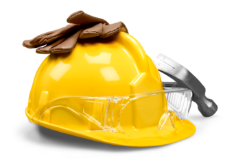 Working yellow hard hat, work gloves, safety glasses, ear plugs, hammer builder on a white background