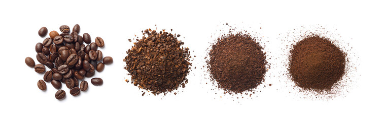 Flat lay of Roasted Coffee beans and different types of grinds coffee isolated on white background.