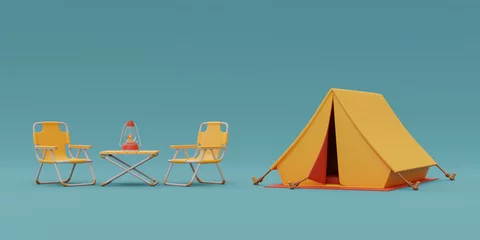 Schilderijen op glas Folding camping chair with camping equipment outside tent on camping site, elements for camping, summer camp, traveling, trip, hiking, 3d rendering. © Charcoal3D