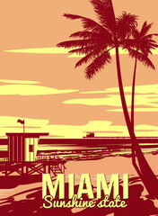 Miami Beach Retro Poster. Lifeguard house on the beach, palm, coast, surf, ocean. Vector illustration vintage