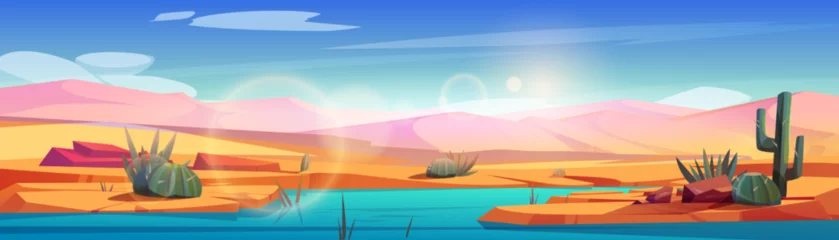 Gardinen Hot desert landscape with oasis and sand dunes. Nature panorama of african desert with river or lake, plants and cactuses on shore, vector cartoon illustration © klyaksun