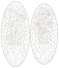 A set of contour illustrations in the style of stained glass with a floral still life, flowers and fruits on a white background