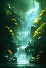 Obraz premium Beautiful Waterfall in Fariytale, Illustration of Natural Lush Vegetation. Masterpiece Art Background.
