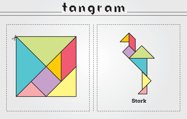 Colorful set of tangram game icons made with geometry shapes in abstract style, includes animals, vector illustration.