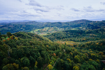 Drone flight over mountains covered with forest at autumn season. Mountain village, aerial view. Beautiful nature landscape