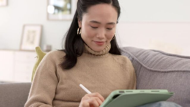 Tablet, fashion and drawing woman, graphic designer or digital artist with inspiration for work from home, entrepreneur and development. Creative, technology and asian girl sketch online branding