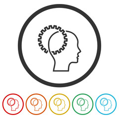 Thinking process icon. Head with gears line. Set icons in color circle buttons
