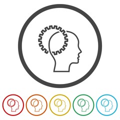 Thinking process icon. Head with gears line. Set icons in color circle buttons