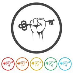 Hand house key icon. Set icons in color circle buttons