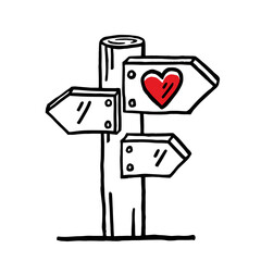 Signpost crossing heart doodle. Wooden guidepost love direction sign. Love this way crossroad sign board drawing. Vector illustration.