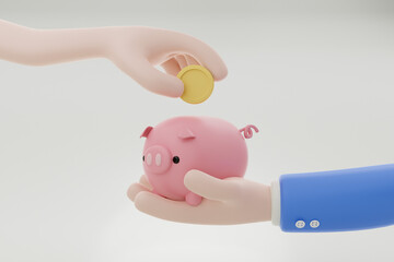 Cartoon Hand putting coin to piggy bank on white background, Online banking, money saving concept, 3d render illustration	