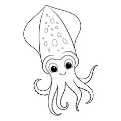 Little Squid Cartoon Animal Illustration BW