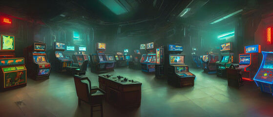 Artistic concept illustration of a vintage video games room, background illustration.