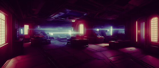 Artistic concept illustration of a vintage video games room, background illustration.