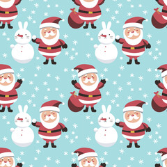 Christmas seamless pattern with snowman, santa claus and snowflakes. Can be used for fabric, wrapping paper, scrapbooking, textile, poster, banner and other christmas design. Flat style. EPS