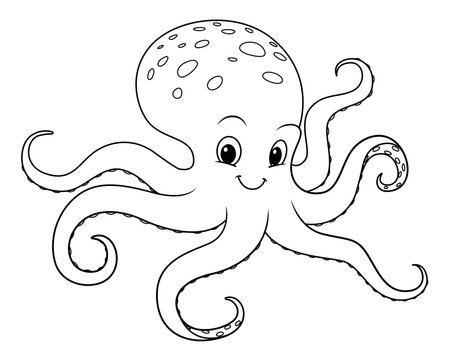Octopus Cartoon Animal Illustration BW