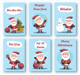 Set of Christmas cards with Santa Claus. Merry Christmas and Happy New Year greetings. Vector illustration EPS