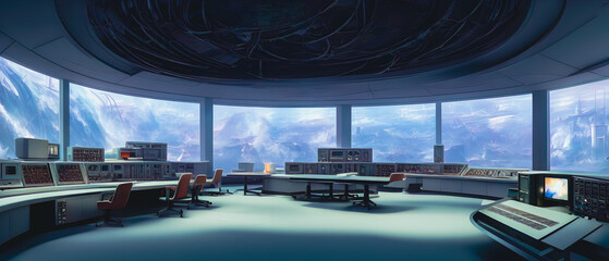 Artistic concept illustration of a futuristic control room of power plant, background illustration.