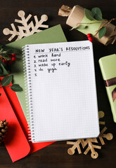 Concept of New Year Resolutions list, new year goals, top view