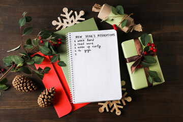 Concept of New Year Resolutions list, new year goals, top view