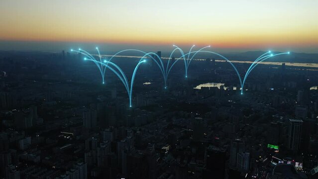 smart Connected city skyline. Futuristic network concept, city Technology