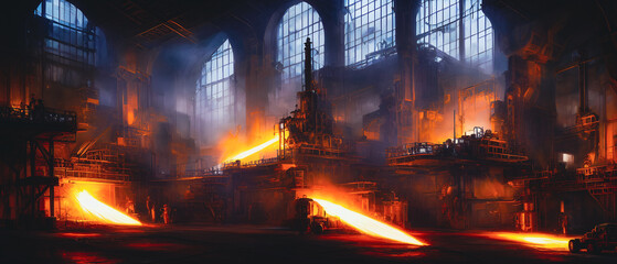 Artistic concept illustration of a steel plant processing factory, background illustration. - obrazy, fototapety, plakaty