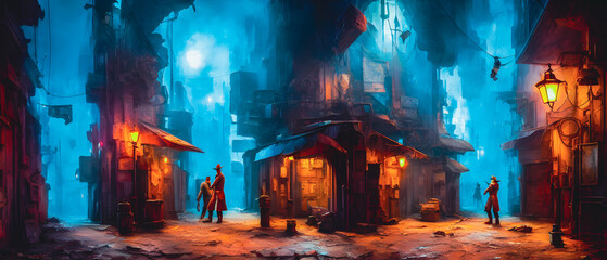 Fototapeta na wymiar Artistic concept illustration of a dark cyberpunk street at night, background illustration.