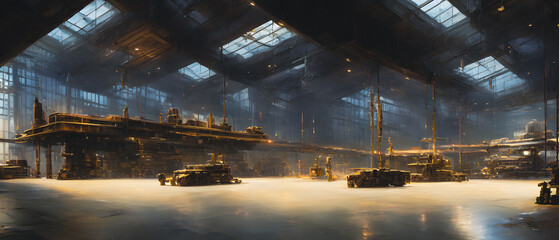 Artistic concept illustration of a warehouse hall, background illustration.