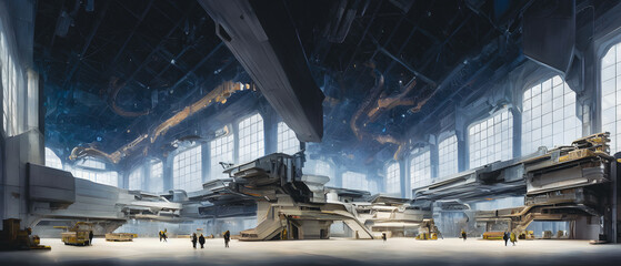 Artistic concept illustration of a warehouse hall, background illustration.