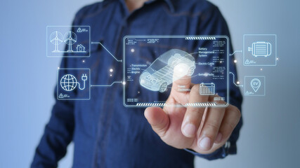 A man with Electric vehicle hologram showing detail of EV Car, Saving energy and innovation technology concept