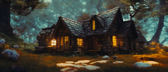 Artistic concept illustration of a beautiful house in the forest, background illustration.