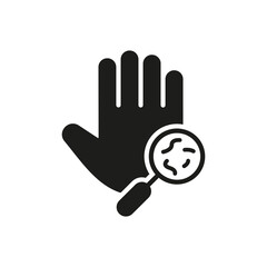 Bacteria, Germs, Microbes and Bacilli on Dirty Hand Palm Silhouette Icon. Magnifier and Human Hand with Virus and Bacteria. Medical Research of Virus Skin Diseases. Isolated Vector illustration