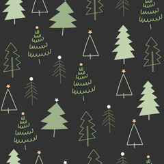 Winter forest background. Seamless pattern for winter and christmas theme. Hand drawn Doodle christmas tree. Background, Wallpaper, wrapping paper templates. Vector illustrations. 