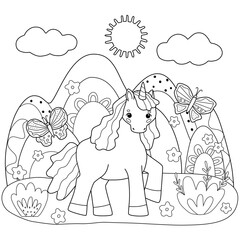Cute unicorn on the background of abstract mountains. Kids coloring page with simple shapes and lines. 