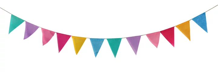 Gardinen Farbenfroh Carnival garland with flags isolated on white background. Decorative colorful pennants for birthday celebration, festival and bright decoration.  © Iana Alter