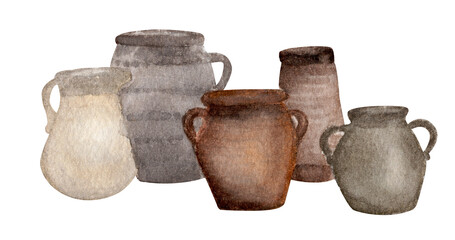 Brown pot. Watercolor illustration.