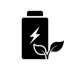 Ecological Rechargeable Accumulator with Leaf and Lightning Silhouette Icon. Renewable Battery Glyph Pictogram. Eco Green Energy Symbol. Recycle Electric Power. Isolated Vector Illustration