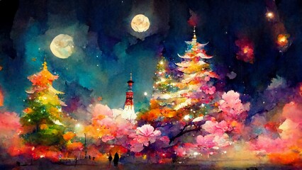 fantastic Christmas night on Blurred background, watercolor painting of surreal and beautiful winter landscape