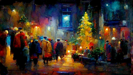 fantastic Christmas night on Blurred background, oil painting of surreal and beautiful winter landscape