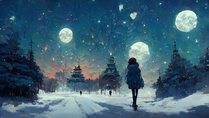 Snowy winter nights on Blurred background, 3D Illustration of surreal and beautiful winter landscape