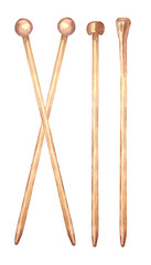 Wooden knitting needles. Watercolor hand drawn illustration isolated on  transparent.