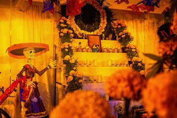Colorful altar of the dead in day of the dead in mexico