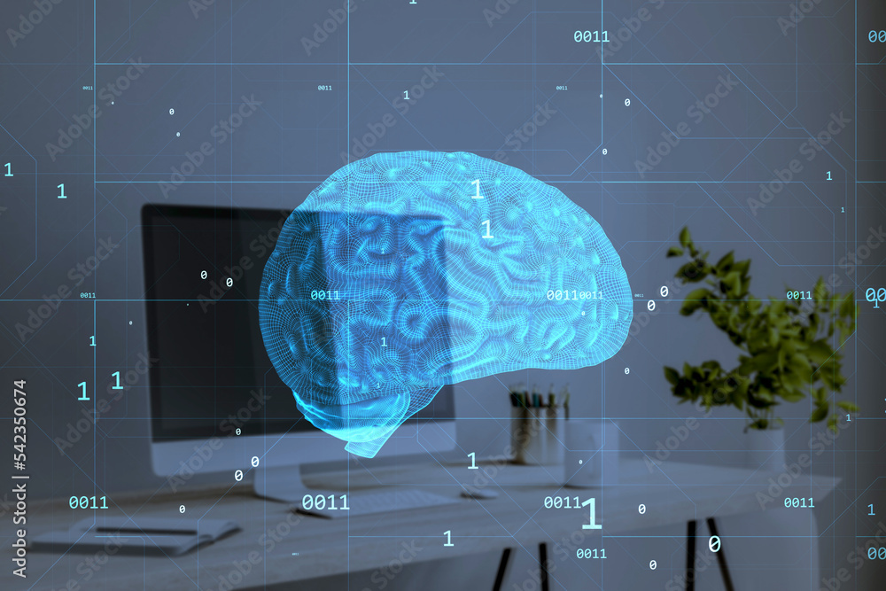 Poster close up of workplace with computer monitor and creative blue brain hologram on blurry background. n