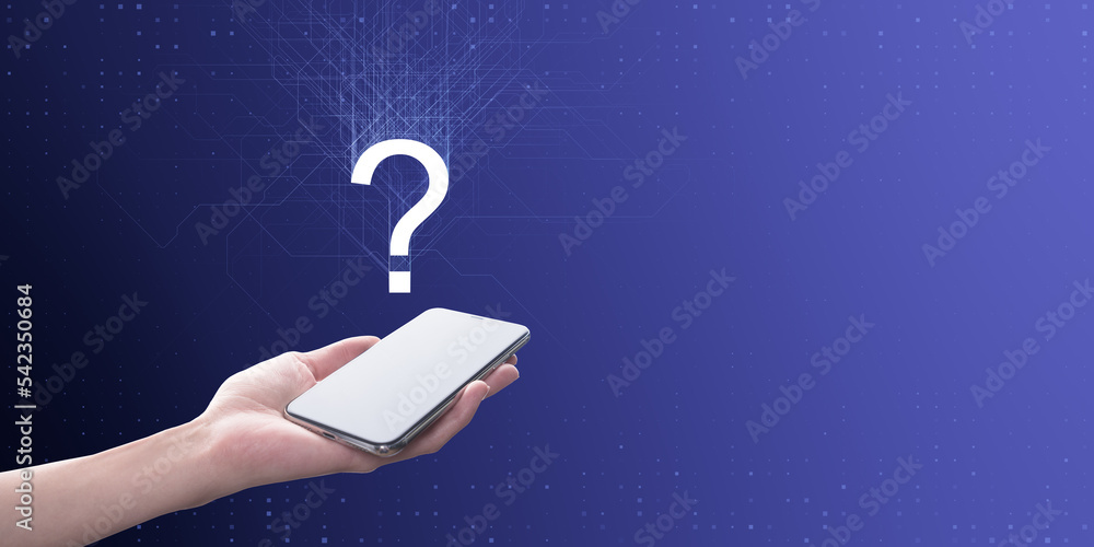 Poster Close up of female hand holding smartphone with abstract digital question mark on blue background with mock up place for your advertisement. Support and help concept.