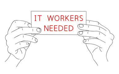IT Workers or Support Needed. Message of Hiring Computer Scientists on paper. Editable hand drawn contour. Sketch in minimalist style. Vector