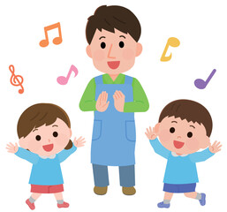 お遊戯で楽しそうに踊る保育園児と男性保育士　イラスト
