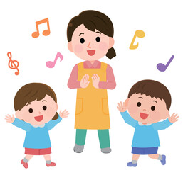 お遊戯で楽しそうに踊る保育園児と女性保育士　イラスト