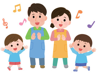 お遊戯で楽しそうに踊る園児と保育士　イラスト